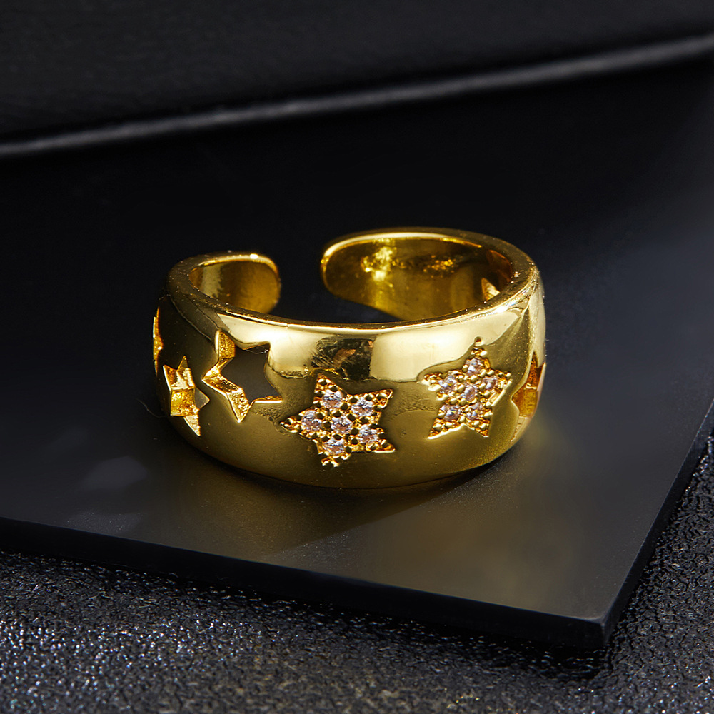 Bague ouverte en zircone avec motif étoile à cinq branches style hip-hop polyvalente pour femme_voghion.com