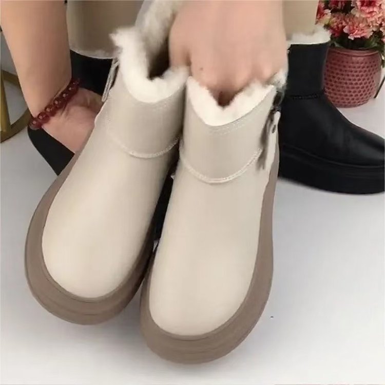 ShoeGlobe Thick-Soled Leather Waterproof Snow Boots For Women, Fleece-Lined, Thickened, Non-Slip, Warm, Height-Increasing Cotton_voghion.com