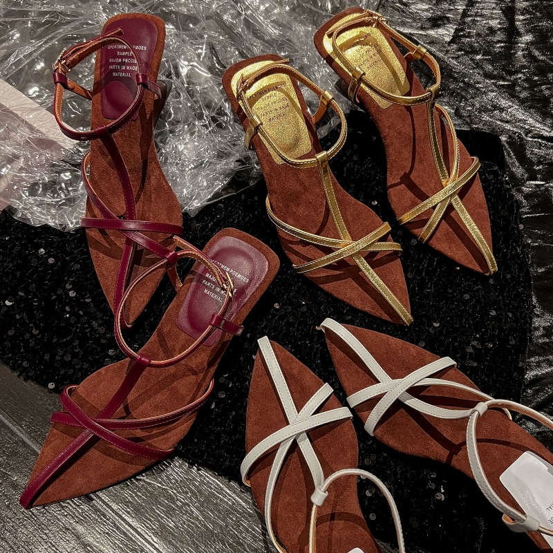 Summer leather golden high heels pointed-toe open toe