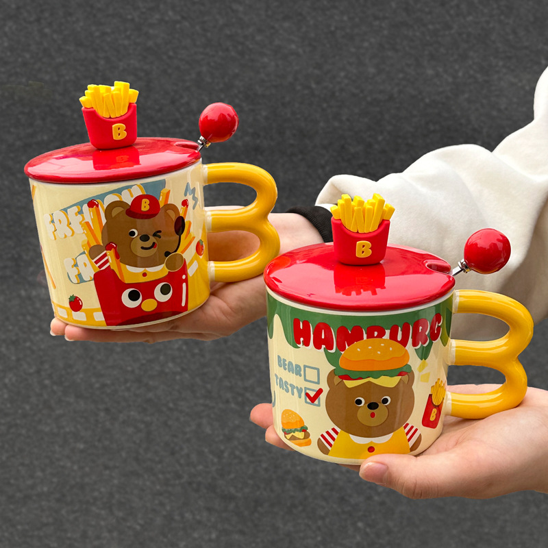 Hermosas tazas de papas fritas francesas de gran capacidad para niños y niñas tazas de cerámica con cubierta de cucharas de café de oficina tazas de leche