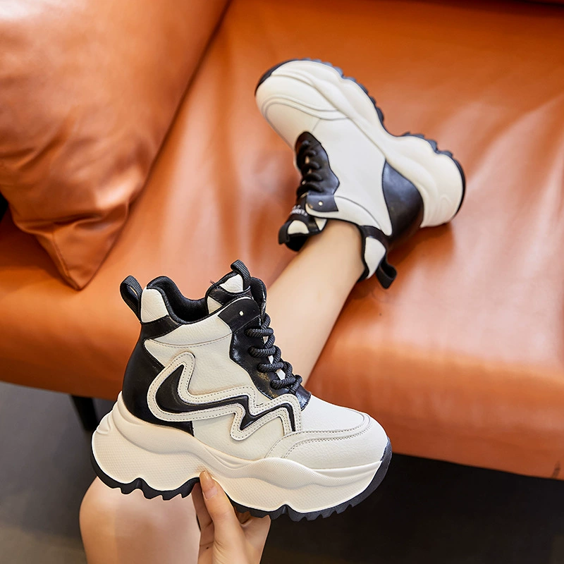 Осенняя и зимняя новая толстая подошва теплая толстая бархатная высокая спортивная повседневная женская обувь увеличивает модный тренд 8CM