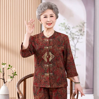 奶奶装夏季洋气套装中老年女薄款衬衣宽松大码妈妈装国风印花上衣