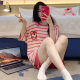 Pajamas Women's Summer Cotton Short-sleeved Shorts Striped suit Summer Cute Cartoon Loose Women's Outwear Home Clothes