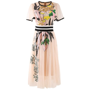 Heavy-duty sequined mesh embroidery round neck flying sleeve dress dress Europe and the United States summer and autumn women's new 2024