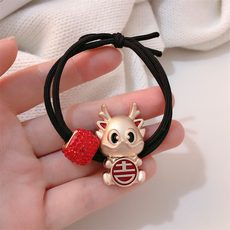 Año del Dragón Zodiaco de alta sensación metal rojo Año Nuevo anillo de cabello de alta altura cuerda elástica cuerda de cabello festiva adornos para el cabello