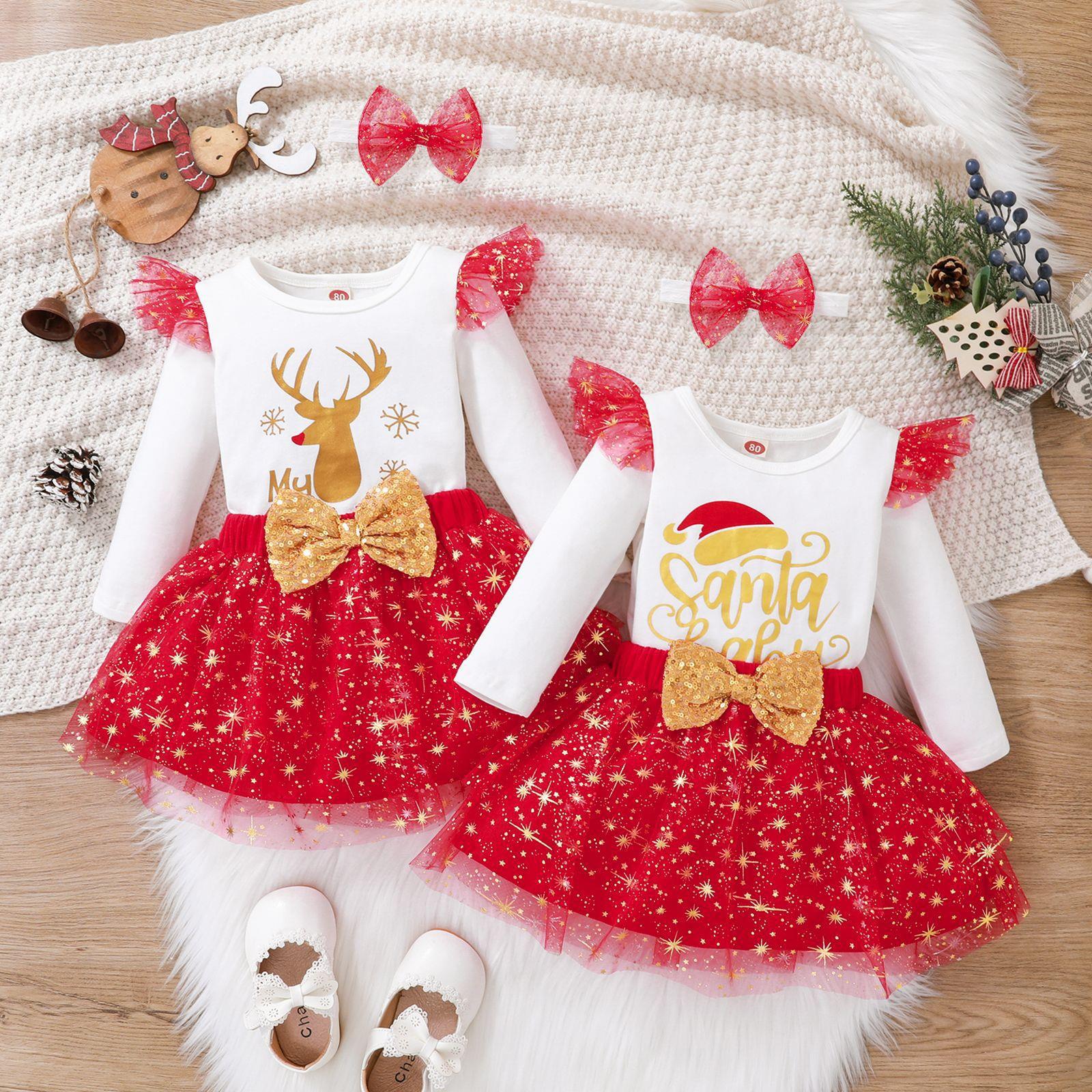 Christmas Fashion Letter Bow Knot Elk Net Yarn Cotton Girls Clothing Sets display picture 1