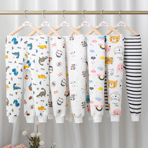 Children's three-layer padded warm pants with thick winter and autumn sleepwear, unisex, footed home pants, padded cotton pants