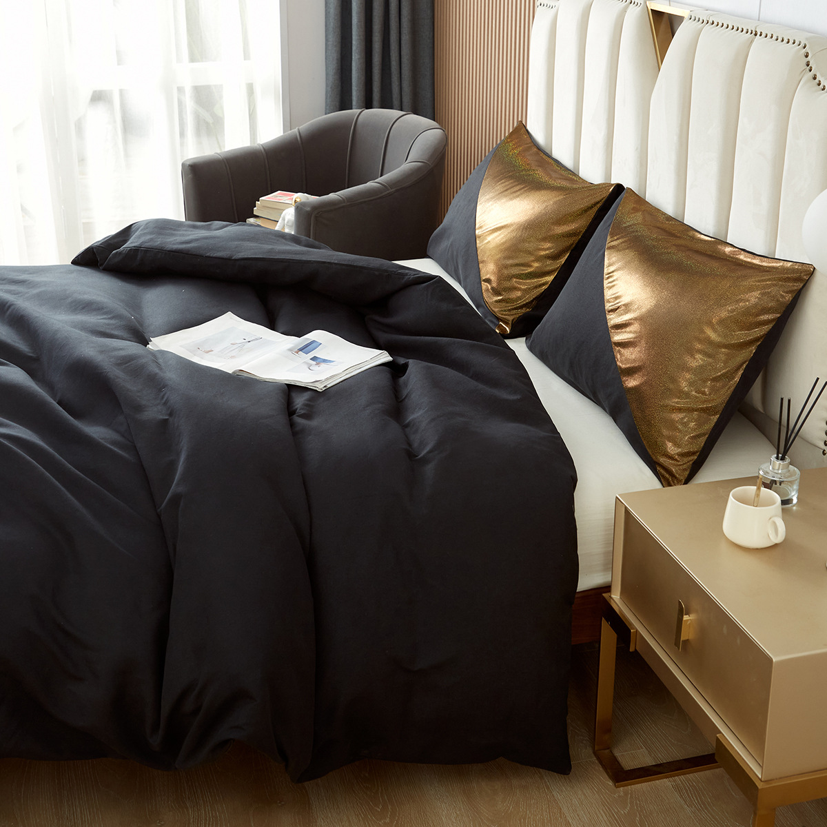 外贸跨境亚马逊新款欧美尺寸家纺床上用品拼接亮片被套枕套套件