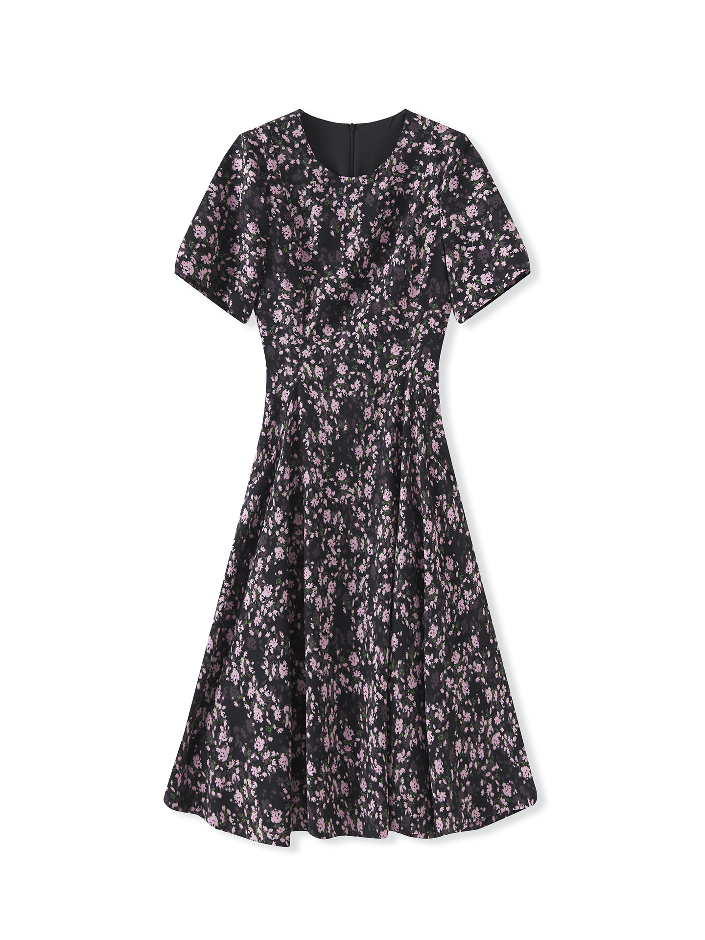 Đầm midi in họa tiết tay phồng eo thon phong cách Pháp — đen