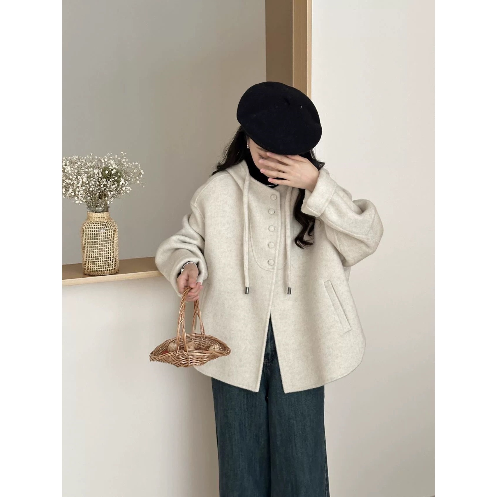 2025秋冬新款双面羊毛大衣女小个子连帽短款宽松韩版外套女上衣