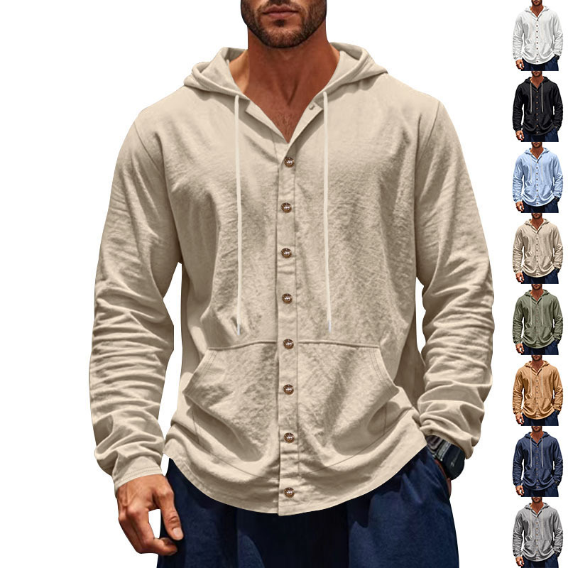 Cross-border Amazon Spring and Autumn American Loose Men's Shirt Loose Linen Casual Simple Beach Hooded Long Sleeve Lining