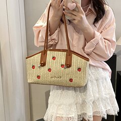 草編包包托特包夏季新款高級感刺繡草莓手提單肩包大容量沙灘女包