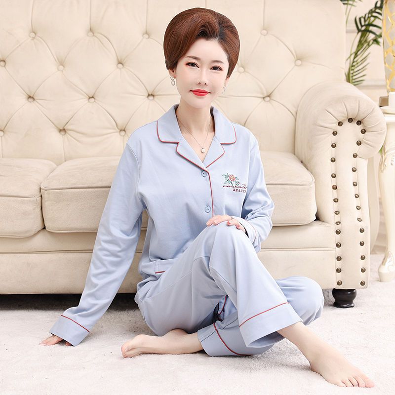 Primavera y otoño pijamas mujeres de mediana edad y madres ancianas 100% algodón de manga larga Chaqueta de punto traje suelto más tamaño ropa para el hogar