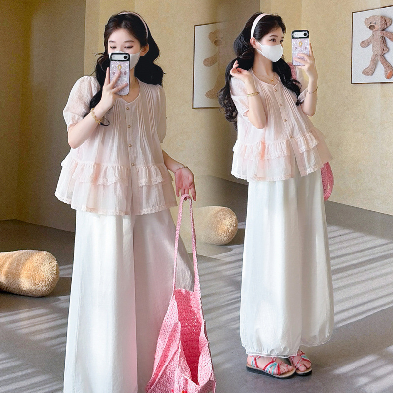 2026 New Summer Style French Lace Patchwork Shirt Loose Maternity Top + Wide-Leg Pants Maternity Set