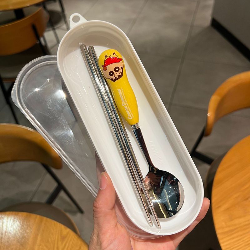 本物のクレヨンしんちゃん子供用セラミック 304 スプーン箸家庭用ライススプーンステンレス鋼学生ポータブルカトラリーボックス|undefined