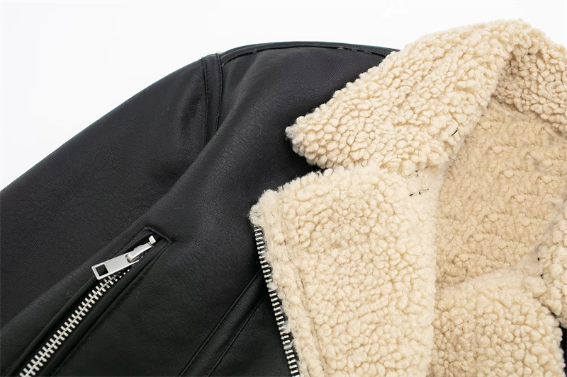 Damen Lederjacke Mit Lammfellfutter Lässige Motorradjacke Für Winter_voghion.com