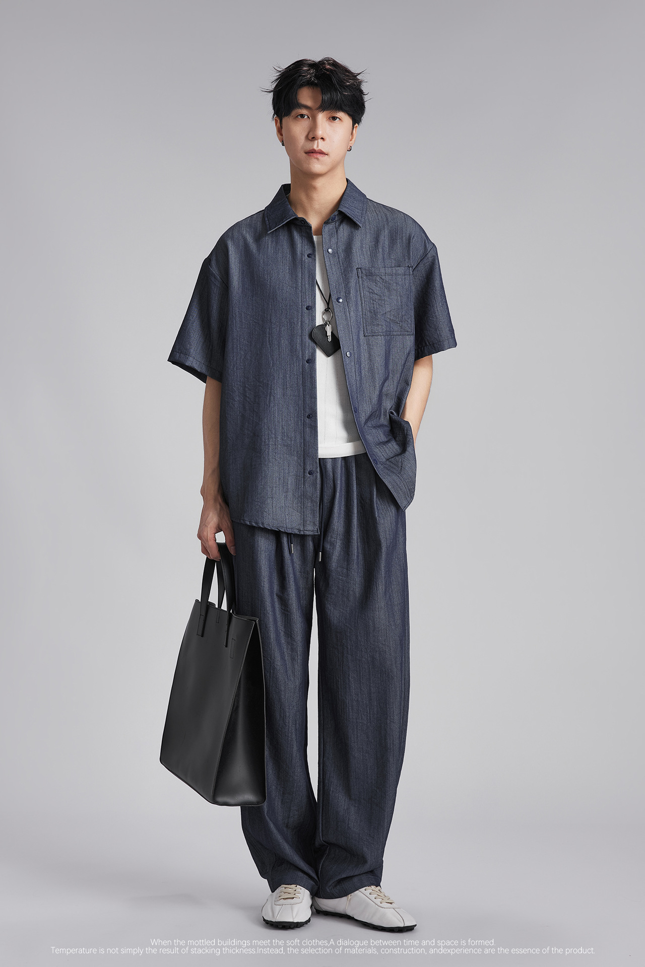 Bộ đồ thể thao nam phong cách denim giả, áo sơ mi dài tay phối quần ống rộng — Tây Tạng màu xanh - quần dài chi tiết 3