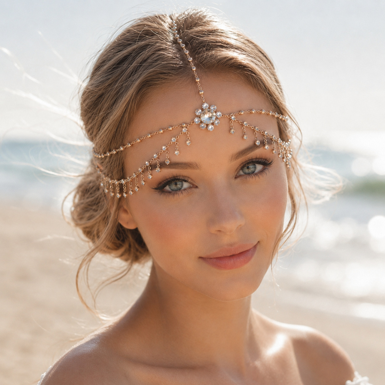 Bohemian style double-layered tassel rhinestone hair accessory, European and American bride wedding banquet rhinestone forehead chain headpiece accessory