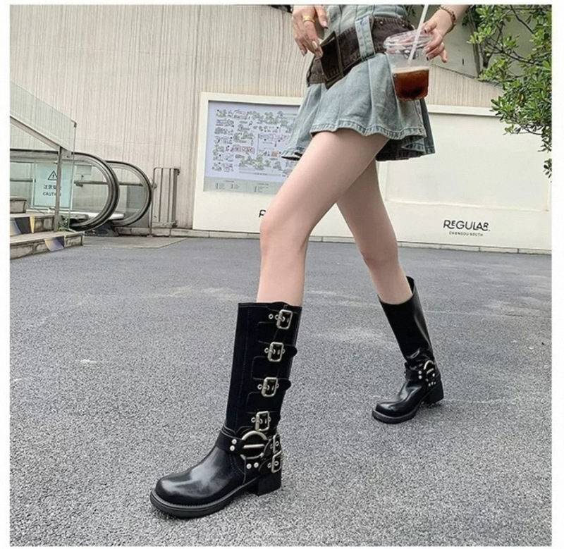 新款短靴女春秋复古西部牛仔靴子女长筒靴皮带扣马丁靴套筒骑士靴|undefined
