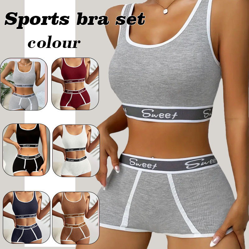 Cross-Border European and American Amazon Hot Girl Fitness Women's Underwear Nylon Wide-Brimmed Lettered Mid-Waist Set Teenage Sports Underwear