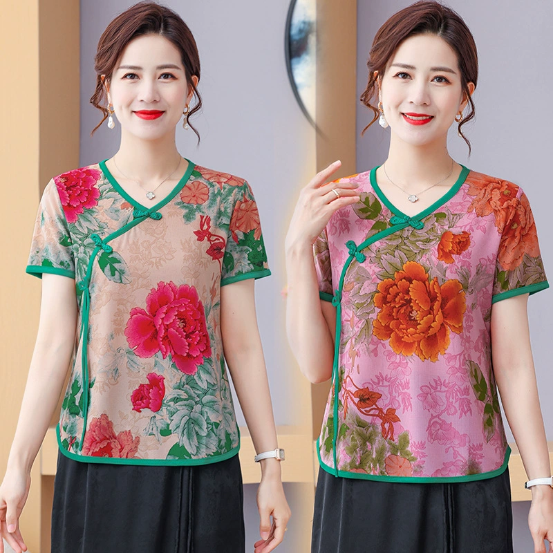 Новый летний топ для мамы в китайском стиле, модная новая рубашка на пуговицах с воротником-чонсамом в китайском стиле, футболка с короткими рукавами в западном стиле.