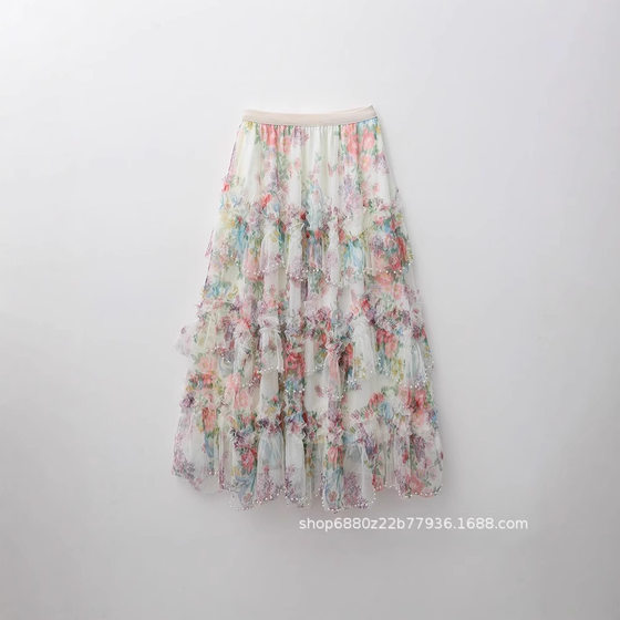 Heavy-duty Beaded Layers of Stacked Floral Cake Skirt Women's High Waist Elagite A- shape Mesh Half-length Skirt Autumn New Style