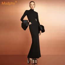 2024新款外贸女装黑色绷带礼服性感高领喇叭长袖名媛修身派对长裙