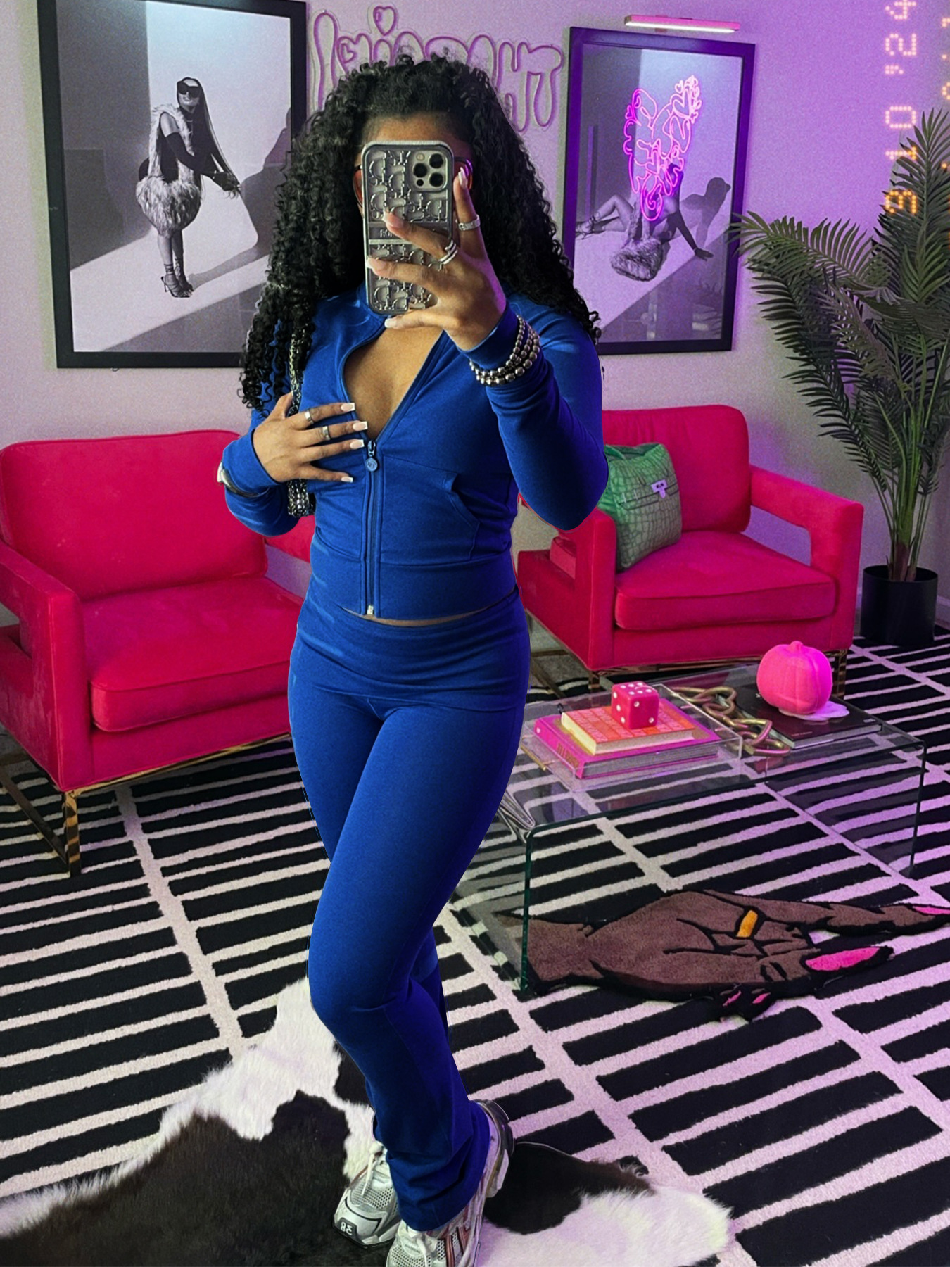 Women Clothing Sports Casual Tight Zipper Low Waist Fold Slightly Flared Fleece Lined Two Piece Sets