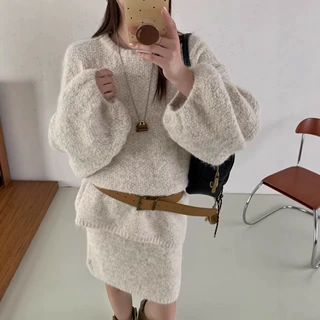 跨境大码宽松慵懒风圆领针织套装女秋冬新款长袖毛衣半身裙两件套
