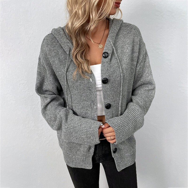 Cross-Border European and American Autumn and Winter New Women's Knitwear Single-Breasted Pure Color Hooded Drawstring Knitted Cardigan Knitwear for Women