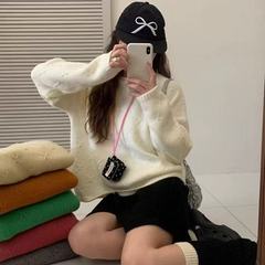 韩系圆领套头卷边毛衣女秋冬宽松慵懒风多巴胺色系长袖保暖套衫