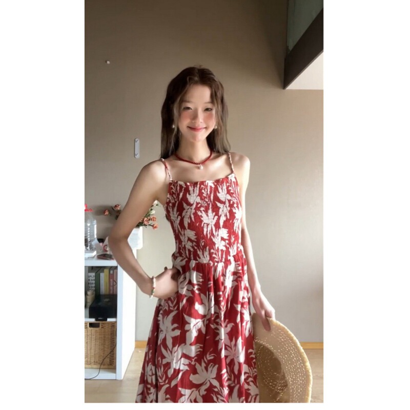 Red Floral Suspender Dress for Women, New Summer Style, Waist-Cinching Long Dress for Seaside Vacation, Seaside Vacation Dress Red Floral Suspender Dress for Women, New Summer Style, Waist-Cinching Long Dress for Seaside Vacation, Seaside Vacation Dress