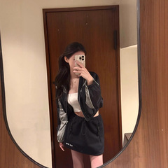 原版开发！深圳南油缪系显瘦百搭学院风摇粒绒拉链马甲短裙套装