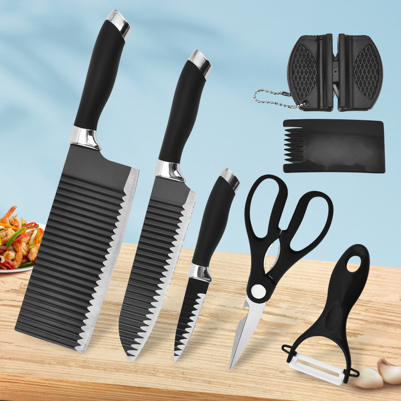 Patrón de onda de cocina doble cabeza de galvanoplastia cuchillo de cocina grande juego de siete piezas con afilador de cuchillos traje de cuchillo de acero inoxidable juego de cuchillos domésticos