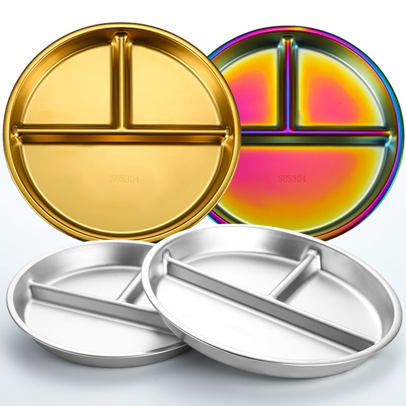 304不锈钢儿童餐盘8英寸分格餐盘减脂圆形学生户外野营零食沙拉盘