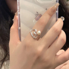 疊戴愛心戒指女氣質珍珠時尚ins小眾設計開口指環閨蜜優雅食指戒