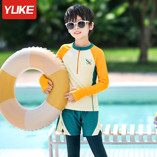 Children's swimwear, unisex, split-length long-sleeve and long-pants summer set for big kids, boys' swimming suit and trunks set