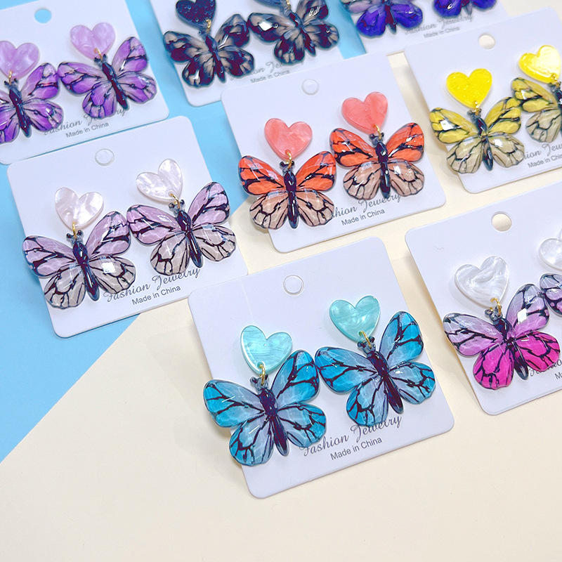 12g Weight Drop Earrings Classification 1 Pair Sweet Artistic Gradient Color Heart Shape Butterfly Printing Arylic Drop Earrings