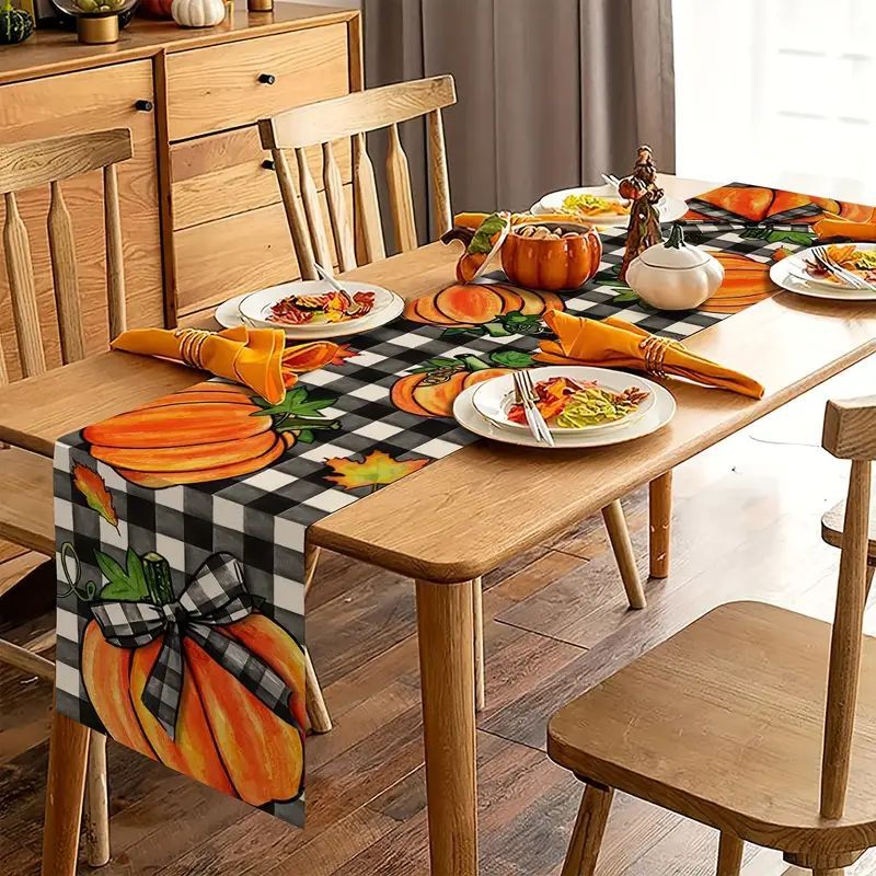 Polyester Material Halloween Thanksgiving Cute Pumpkin Lattice Polyester Table Runner