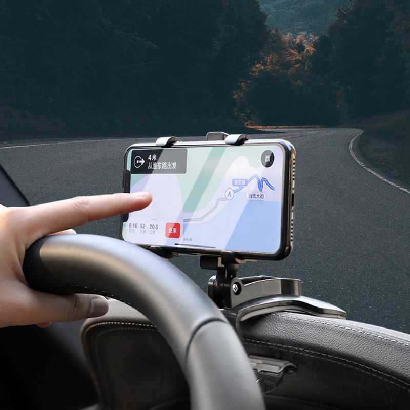 360-Degree Rotating Car Phone Holder, Multi-Functional Clip-On Mount for Dashboard and Rearview Mirror, Universal Car Navigation Support Stand