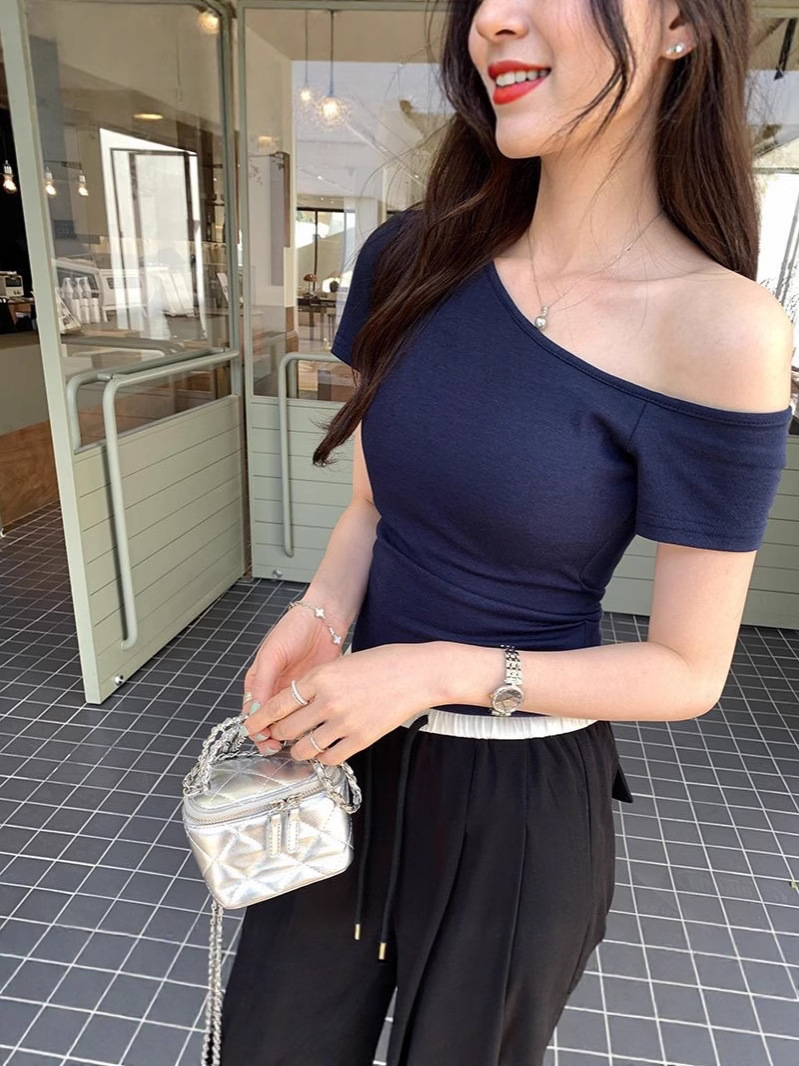Pure Desire Navy Blue Asymmetrical Off-Shoulder Short Sleeve T-Shirt for Women, Summer Off-Shoulder Design, Stretchy Slim Fit Elegant Short Top