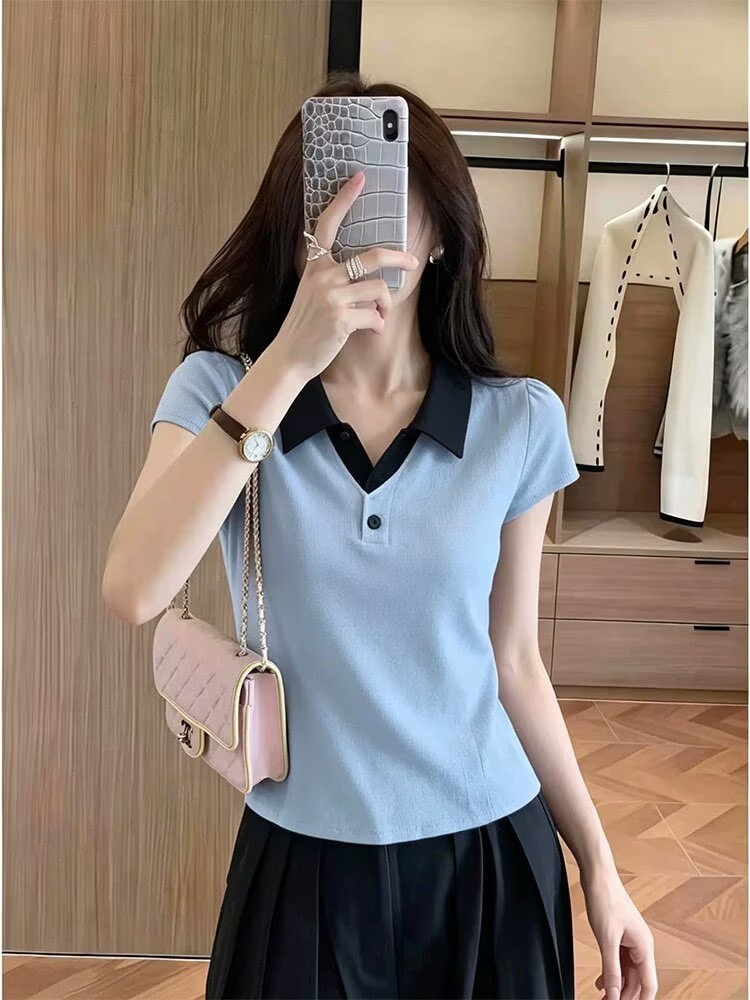 Áo polo nữ tay ngắn cổ lật phối màu phong cách Hàn Quốc — xanh lam