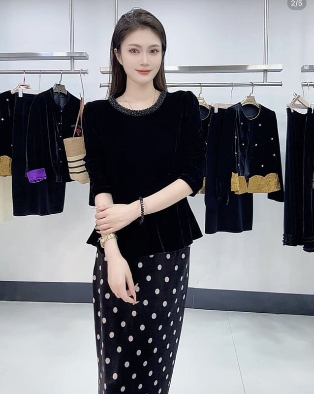 一件代发直播爆款2025秋季新款时尚圆领气质女装丝绒长袖打底衫|undefined