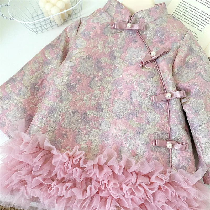 [Segundo en stock] niñas algodón intercalado doble cara vestido chino nuevo vestido de malla china cheongsam vestido de Año Nuevo infantil