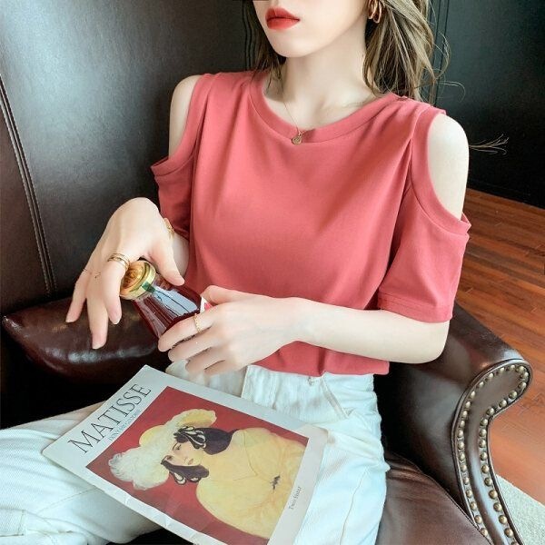 Summer Thin Short-Sleeve T-Shirt for Petite Women 2026 New Ins Style Slimming Off-Shoulder Top