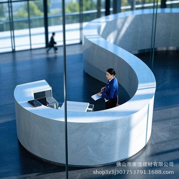 Fabricantes de recepción de piedra artificial acrílica al por mayor procesamiento de comercio exterior recepción en forma especial de la mesa de recepción