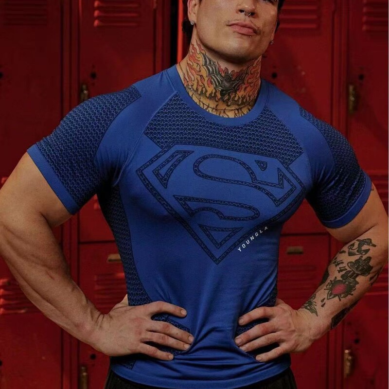 Youngla Co-Branded Superman American New Men's T-Shirt Muscle Sports Fitness Breathable Bodysuit Top