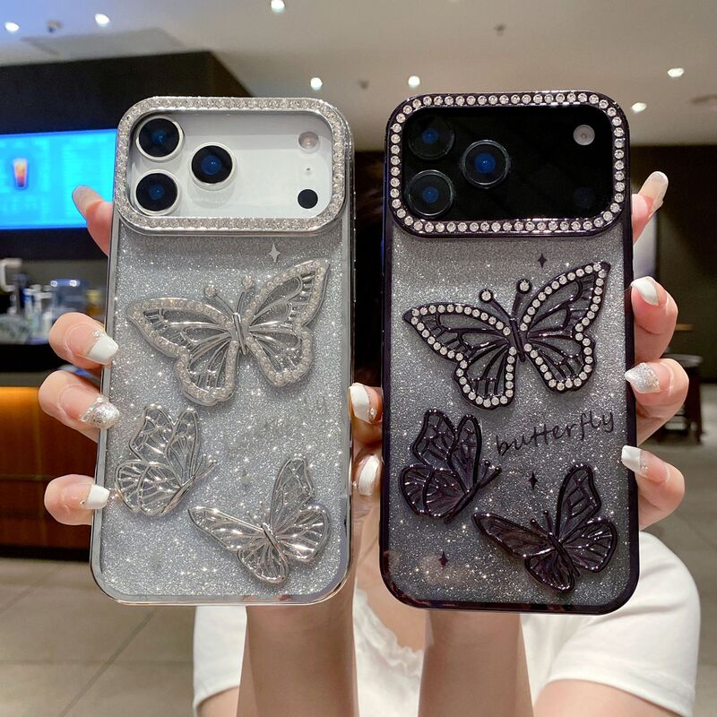 iPhone17promax電気メッキ携帯電話ケース立体バタフライフラッシュダイヤモンドApple 16グラデーショングリッター保護カバーに適しています。|undefined