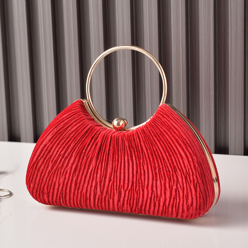 Nuevo bolso de fiesta de terciopelo transfronterizo, bolso de cena portátil con anillo de metal, vestido de fiesta plateado arrugado, bolso de cadena, bolso femenino