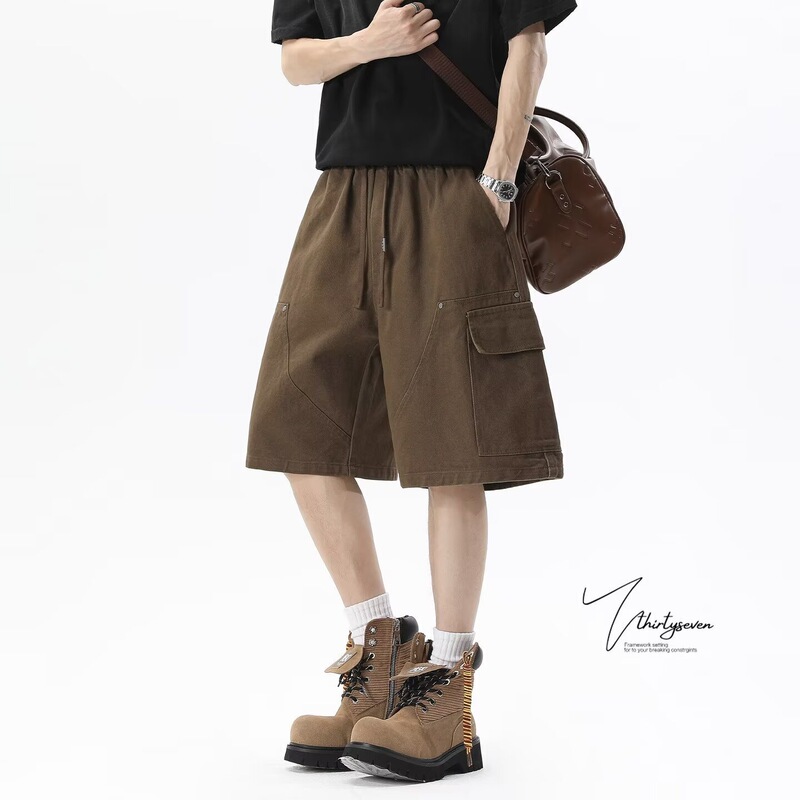 2026 Summer Brown Workwear Shorts for Men, American Style Trendy Brand, Large Size, Loose, Fashionable, Casual Five-Point Pants